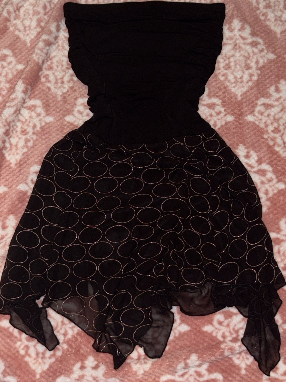 Women's Black Strapless Handkerchief Hem Dress with Metallic Ring Detail